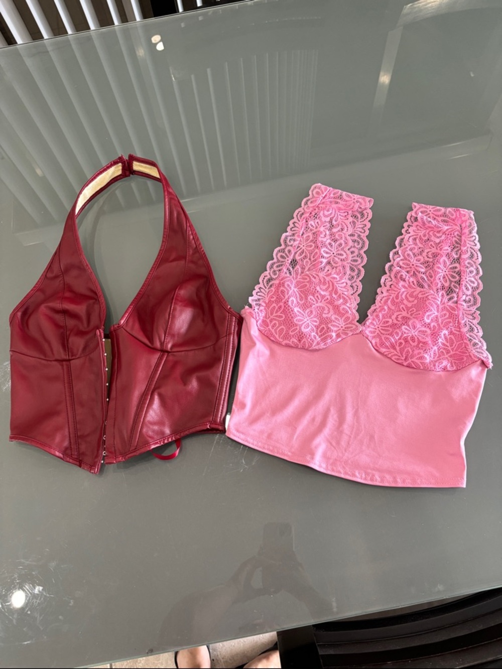 Red Faux Leather Corset Top & Pink Lace Bralette Duo